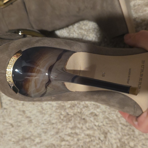 Burberry Taupe Suede Open-Toe Stiletto Bootie with Buckle